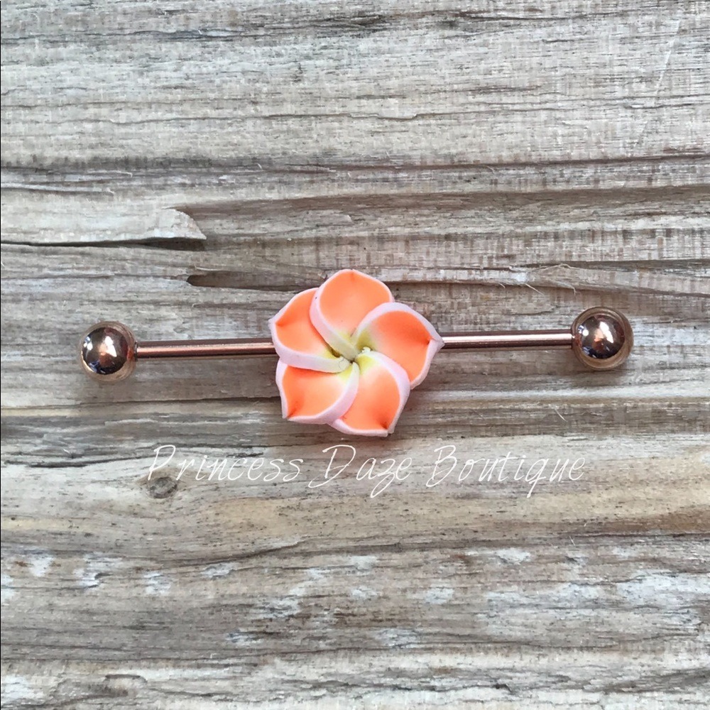 Orange Hawaiian Flower Rose Gold Industrial Barbell Earring